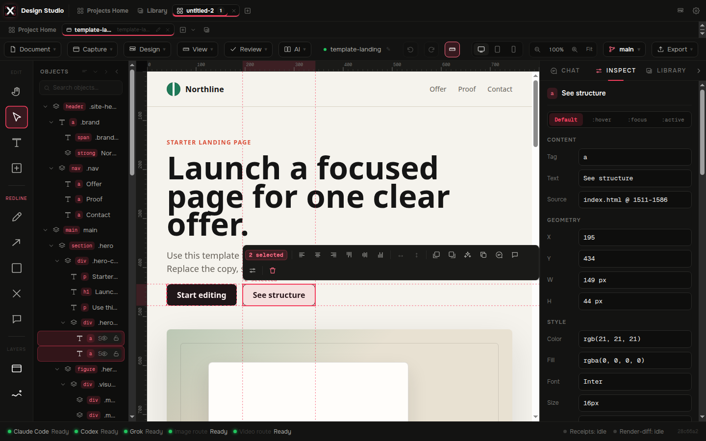 ShellX Design Studio canvas editor with the tool rail, Objects panel, canvas surface with a multi-selection cluster, and the Inspector visible