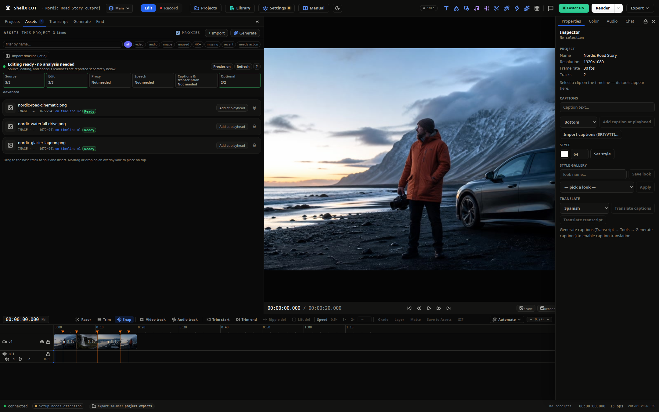 ShellX Cut editor with the Assets tab, editing-readiness summary, preview, and timeline tracks visible