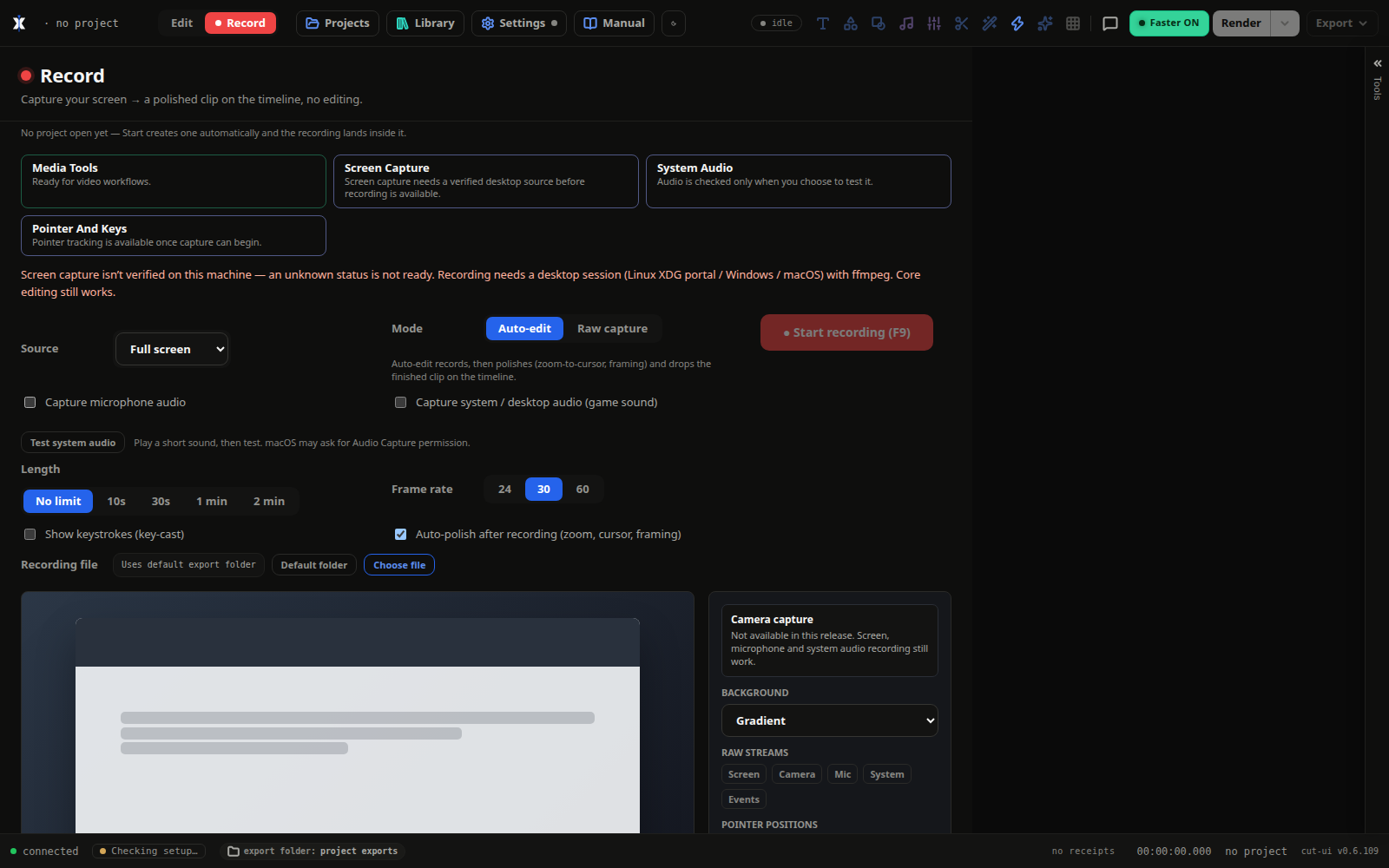 ShellX Cut Record workspace with an explicit desktop-session readiness notice, source and audio settings, raw-stream controls, and a safely disabled Start recording control